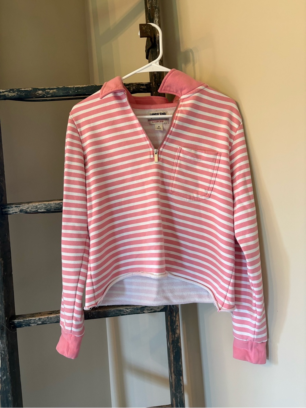 Lands' End Pink & White Striped Half-Zip Hoodie